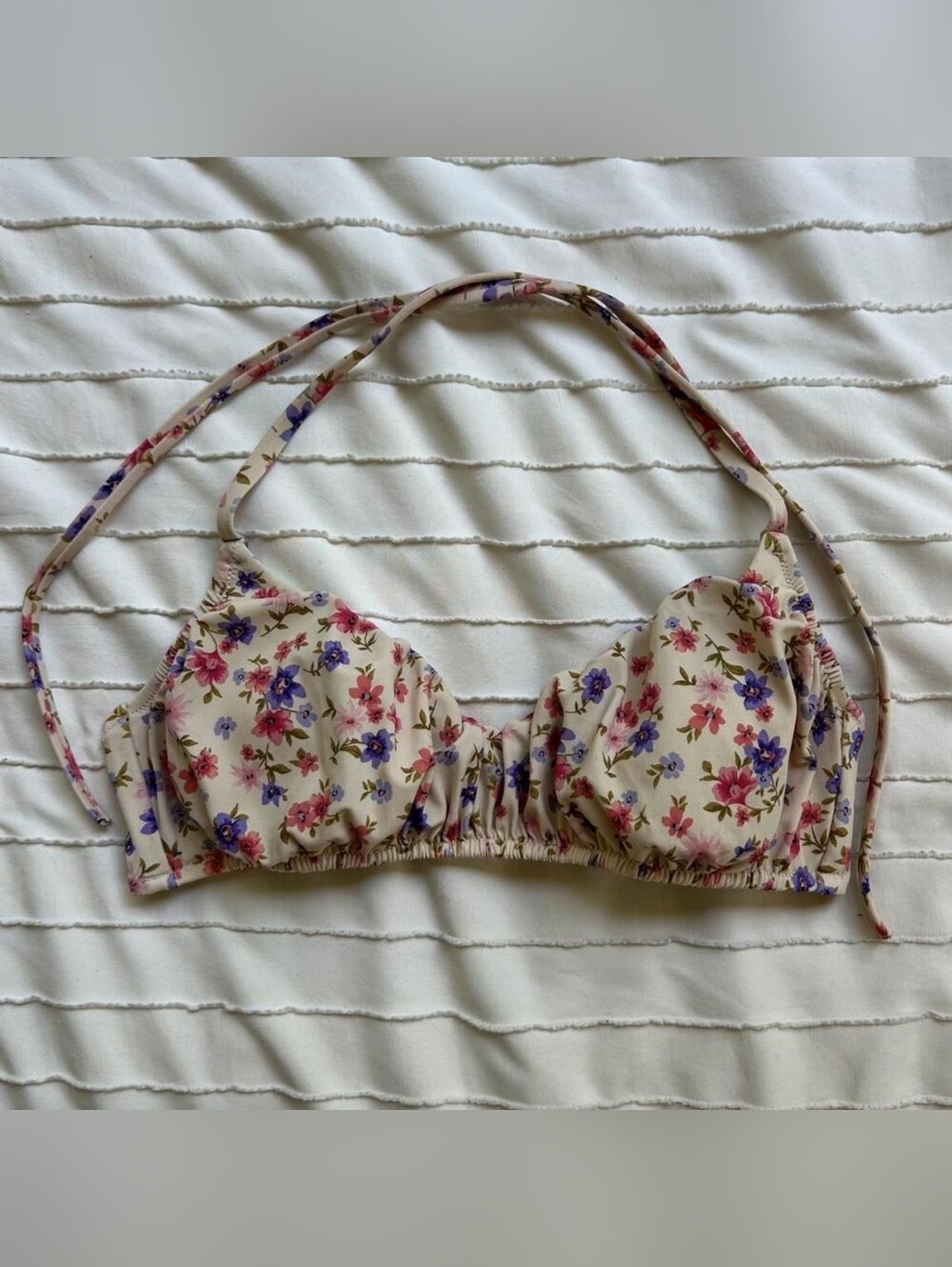 Shade & Shore Cream Floral Halter Swim Top with Pink and Purple Blossoms